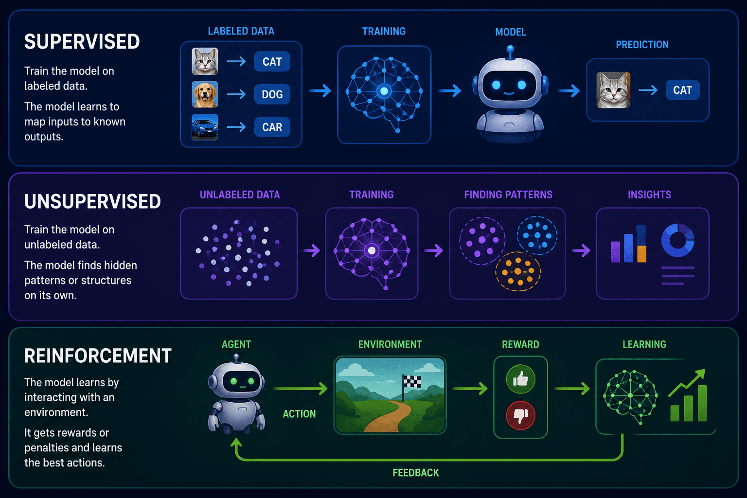 How AI learns: supervised, unsupervised, and reinforcement learning