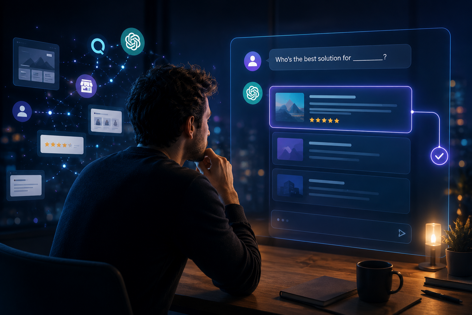 Person reviewing AI answer engine results with a highlighted brand recommendation