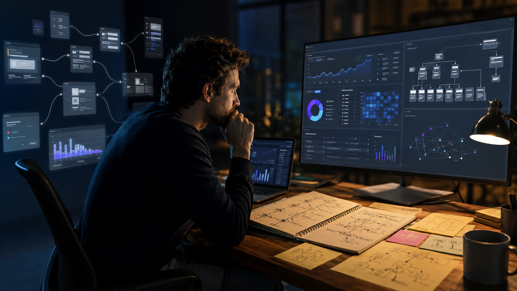 Founder reviewing SEO analytics and architecture diagrams on multiple screens